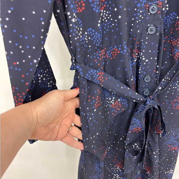 eShakti Red White Blue Star Pattern Navy Long Sleeve Belted Shirt Dress July 4th - Picture 4 of 8